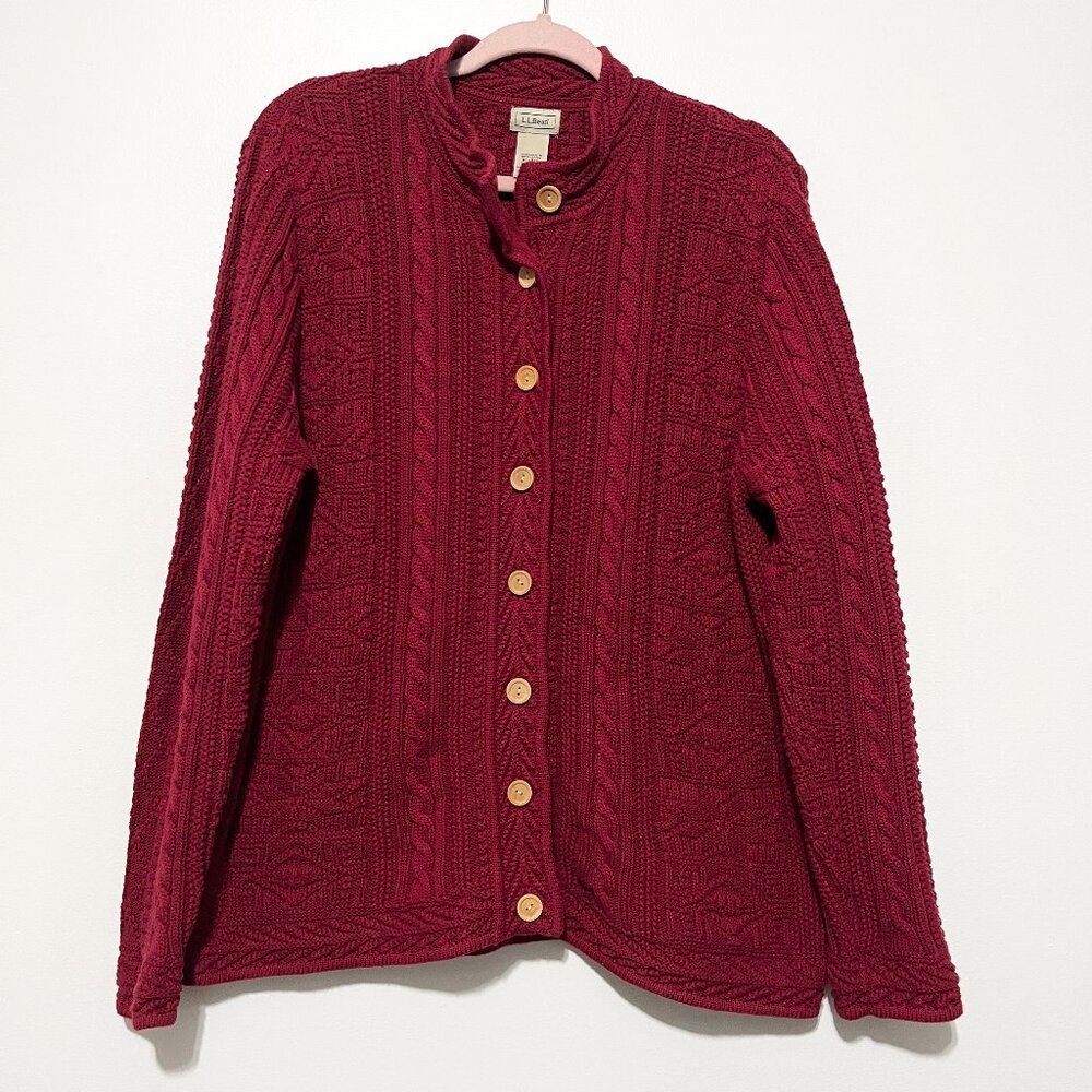 LL Bean Womens Vintage Thick Cable Knit Fisherman Cardigan XL Cotton Red Chunky